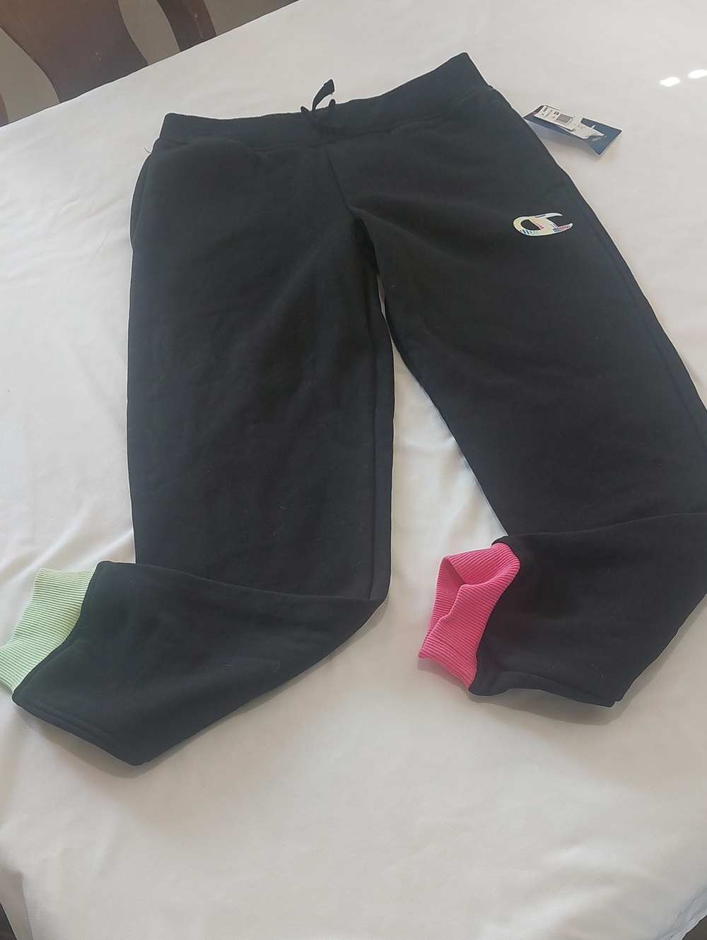 Champion Kids Black Joggers with Pink & Mint Cuffs.size L